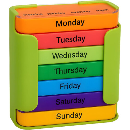 (Gre'en, -) Weekly Pill Organizer, 4 Times a Day Stackable Daily Medication Case