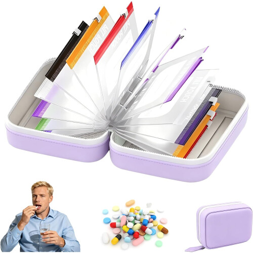 (Purple, -) A8 waterdichte pillenorganizer set – 14 kleurgecodeerde ritsetuis