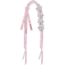 (Pink and white, -) Diploma lei class of 2026 – lint lei met GRAD letters en badges, 122 cm voor ceremonie