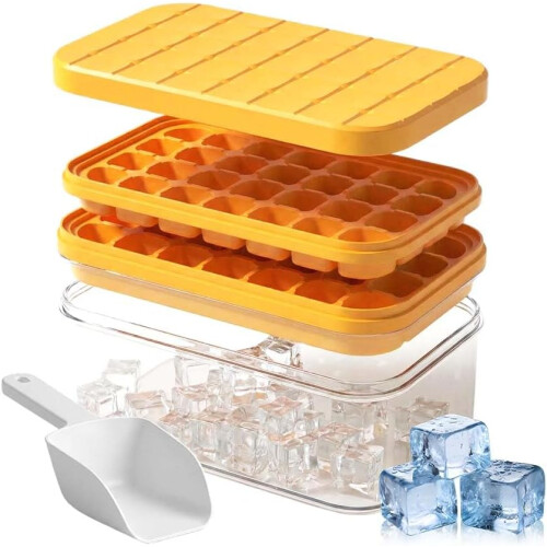 (Orange, -) - Ice cube tray with lid & bin