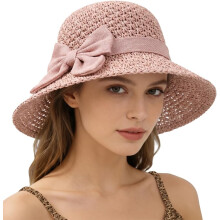 (Pink, color_name) Chapéu de Palha com Laço, Dobrável para Viagem de Verão