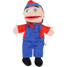 Cartoon handpop in de vorm van een werkman, gevuld met interactieve handpop om mee te spelen
