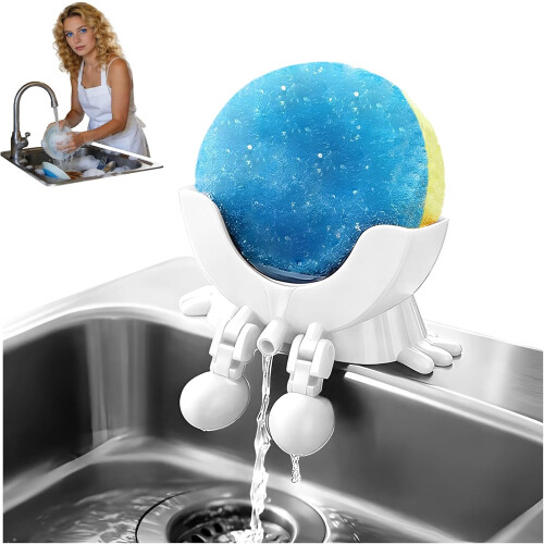 (White, -) Funny Peeing Scrub Sponge Holder for Kitchen Sink, Auto Draining