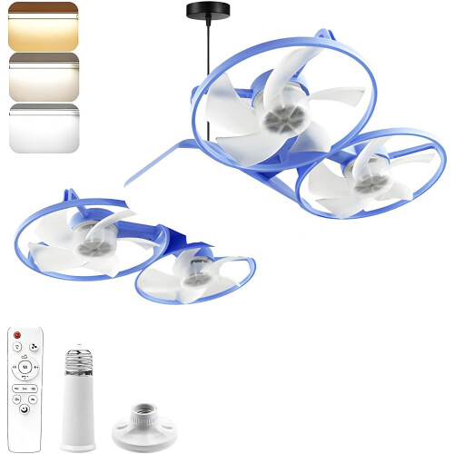 (Blue, -) Drone-Style LED Ceiling Fan Light, E27 Socket with Remote Control