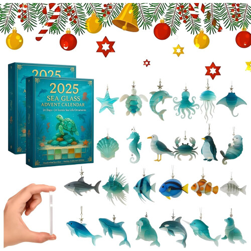 (2PCS, -) Ημερολόγιο advent θαλάσσιου γυαλιού 2025, 24 ημέρες - Marine life decor