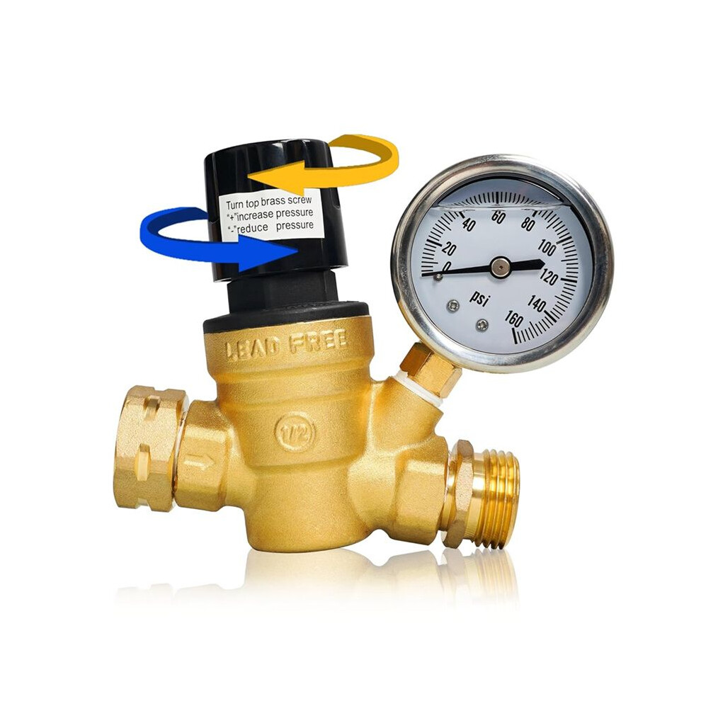 Rv Water Pressure Regulator, Adjustable Handle Brass Water Pressure Regulator With Gauge And Inlet Screen Filter For Rv 4713920690805