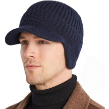 (Navy Blue, 7 1/8-7 3/4) Winter warme Strickmütze mit Fleece-Futter, Ohrklappen & Schirm für Herren