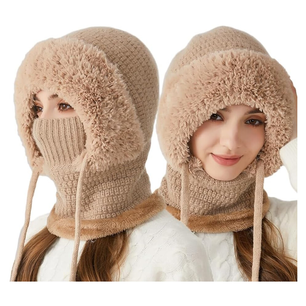 (Khaki, -) 3 In 1 Women's Scarf Hat, Winter Warm Knitted Balaclava Windproof Beanie & Mask 5437706751885