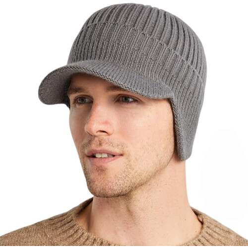 (Gray, 7 1/8-7 3/4) Cappello invernale caldo con paraorecchie e tesa, per uomo