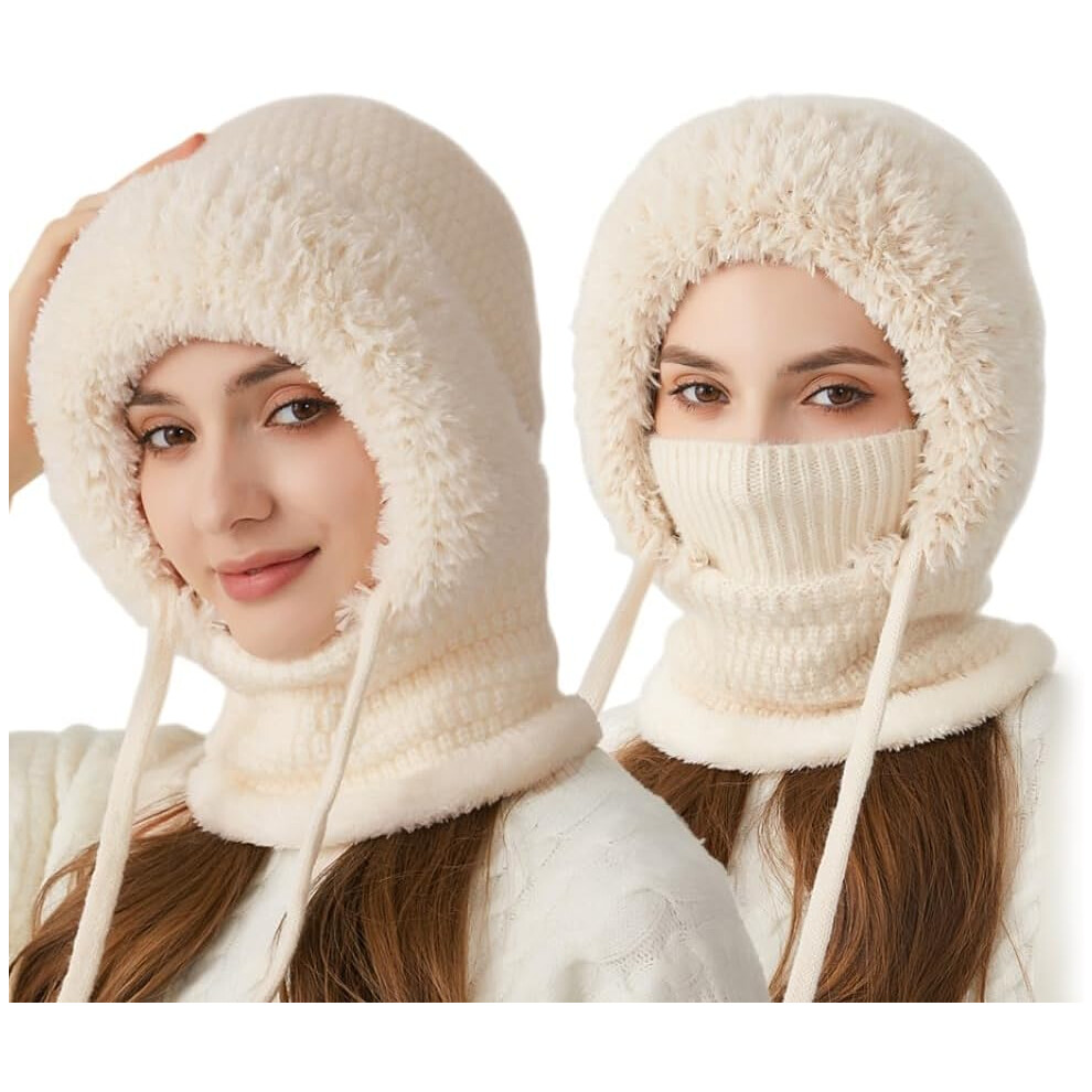 (Beige, -) 3 In 1 Women's Scarf Hat, Winter Warm Knitted Balaclava Windproof Beanie & Mask Cream 5437706751892