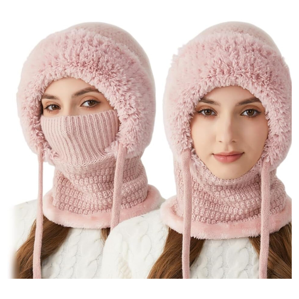 (, -) 3 In 1 Women's Scarf Hat, Winter Warm Knitted Balaclava Windproof Beanie & Mask Pink 5437706751922
