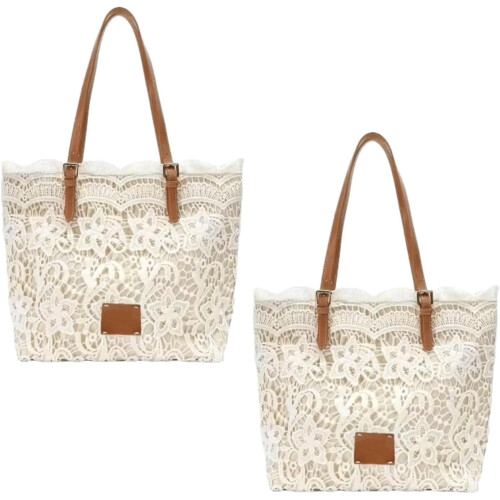 (White-2pcs, -) Τσάντα ώμου με δαντέλα, vintage κλείσιμο φιλιού - Γυναικεία τσάντα