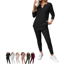 (Black, Large) Conjunto Feminino de 2 Peças, Top e Legging de Malha Felpuda Casual