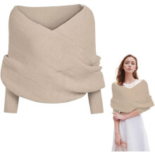 (Beige, One Size) Gestrickter Schal mit Ärmeln für Damen, Wickelumhang für Herbst & Winter