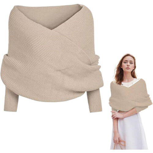 (Beige, One Size) Πλεκτό κασκόλ με μανίκια για γυναίκες, σάλι - Φθινοπωρινό δώρο