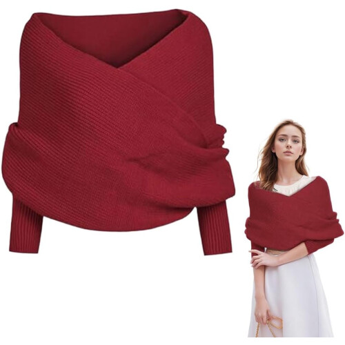 (Wine Red, One Size) Πλεκτό κασκόλ με μανίκια για γυναίκες, σάλι - Φθινοπωρινό δώρο