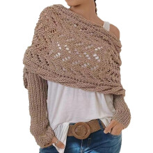 (Camel, One Size) Damen gestrickter Cut-Out Schulterponcho, Pullover Schal mit Ärmeln Wickel