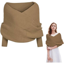 (Khaki, One Size) Gestrickter Schal mit Ärmeln für Damen, Wickelumhang für Herbst & Winter