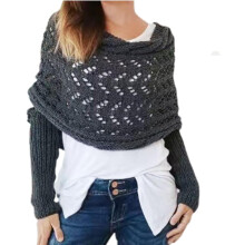 (Dark Grey, One Size) Damen gestrickter Cut-Out Schulterponcho, Pullover Schal mit Ärmeln Wickel