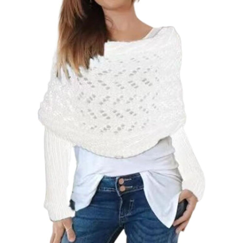 (White, One Size) Γυναικείο πλεκτό πόνσο με μανίκια, κασκόλ σάλι (ίδιο με 162) - Wrap