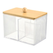Qtip Holder with Bamboo Lids, 3 Compartments Cotton /Swabs Dispenser,Clear Plastic Bathroom Container