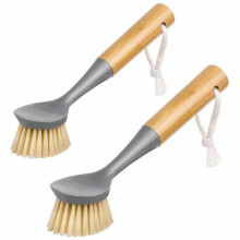 Afwasborstel met geïntegreerde schraper en bamboe handvat; schuurborstel voor het schoonmaken van borden, potten en pannen.