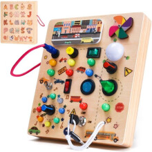 Wooden Busy Board, Montessori Board for Babies 2, 3, and 4 Years Old, Activity Board with 19 LEDs