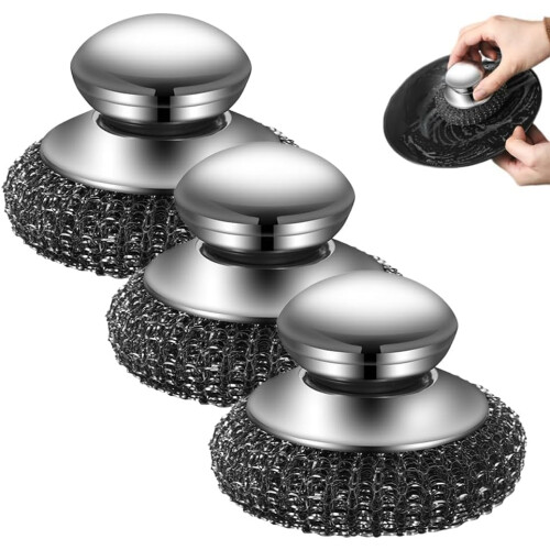 (3pcs, -) Esfregão de Aço com Cabo, Para Limpeza de Pratos