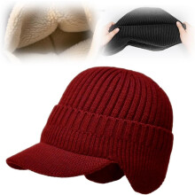 (Burgundy, -) Outdoor Fleece gefütterte Strickmütze, warme Ohrklappen Kappe mit Schirm für Damen & Herren