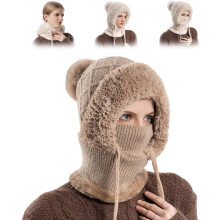 (Khaki, -) 3-in-1 winter beanie muts voor dames – warme bivakmuts sjaal masker set