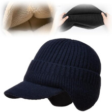 (Navy, -) Outdoor Fleece gefütterte Strickmütze, warme Ohrklappen Kappe mit Schirm für Damen & Herren