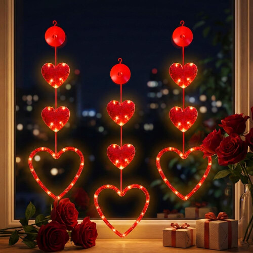 (Red, -) Φώτα παραθύρου 30 LED κόκκινη καρδιά, USB/μπαταρία - Ημέρα Αγίου Βαλεντίνου