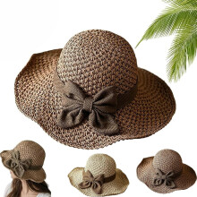 (B Khaki, color_name) Cappello paglia fiocco retrò, pieghevole traspirante a tesa larga, da spiaggia donna