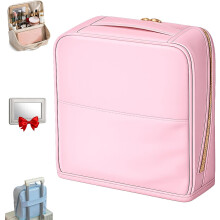 (Pink, L) Stilvolle Kosmetiktasche mit Fächern, PU Leder, Stehspiegel
