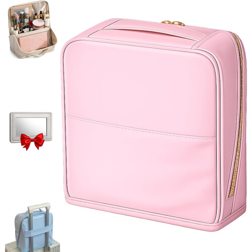 (Pink, L) Κομψή τσάντα καλλυντικών με διαχωριστικά, PU δέρμα, όρθια με καθρέφτη