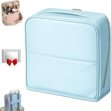(Blue, M) Stilvolle Kosmetiktasche mit Fächern, PU Leder, Stehspiegel