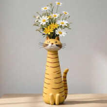 (Yellow, -) Handgefertigte skurrile Katzenvase für Blumen, verspielter Kitty Pflanzer für Schreibtisch