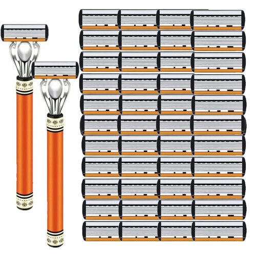 (48 Refills + 2 Handle, -) 24/48 Lâminas de Barbear com Cabo, 6 Navalhas para Rosto e Cabeça