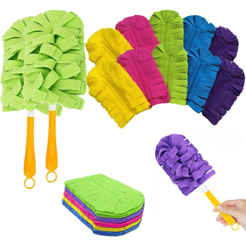 (2handles+10refills, -) Reusable Chenille Microfiber Dust Duster, Electrostatic Fleece with Extendable Handle