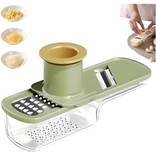 (Green, -) Mini coupe-ail 3 en 1, mandoline avec récipient
