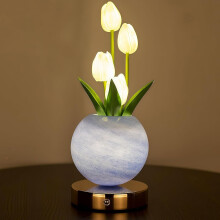 (Blue, -) Elegant Tulip Bouquet Night Light, Dimmable 3-Color Glass Flower Lamp with Touch Control