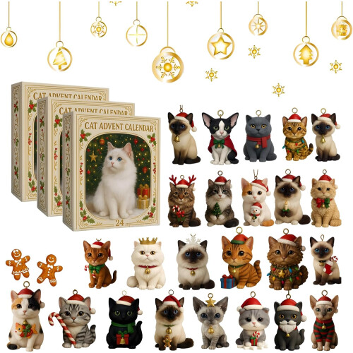 (3PCS, -) Ημερολόγιο advent γάτας 2025, 24 φιγούρες ράτσας - For cat lovers