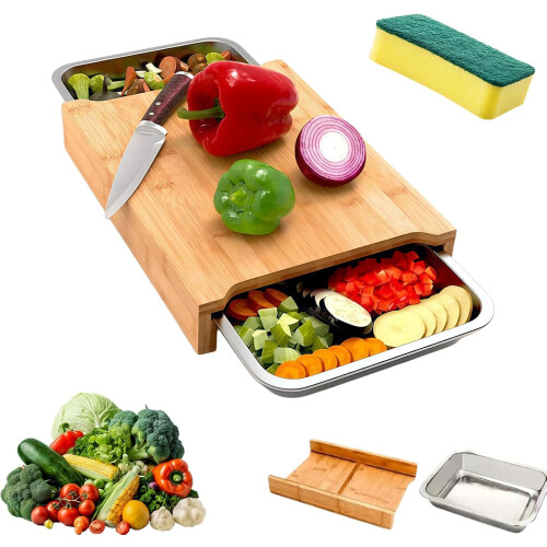 (Double plate, -) Ξύλο κοπής με συρόμενο δίσκο, παγίδα τροφίμων, solid butcher block