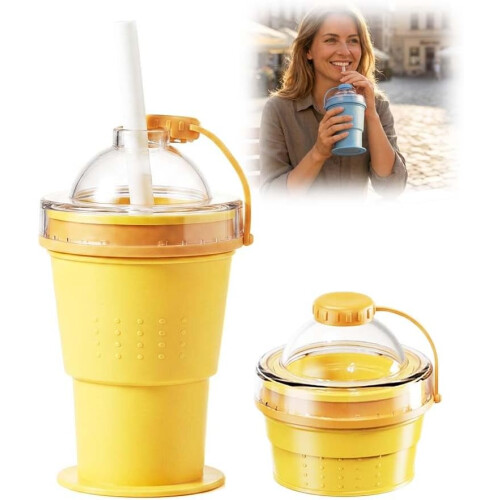 (Yellow, -) Αναδιπλούμενο κύπελλο σιλικόνης 2 σε 1, πάγος μπάλα - Collapsible ice ball maker cup