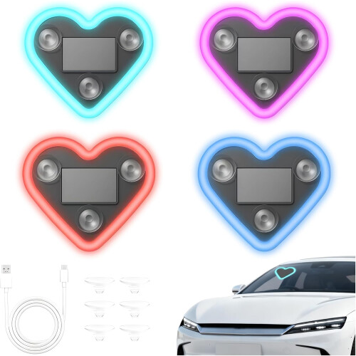 (4PCS, -) Solcelle Hjerteformet C-Pylon Neon Lys til Bil, IP65