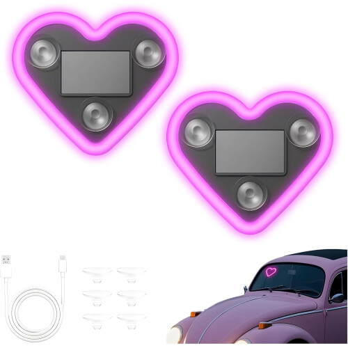 (Pink-2PCS, -) Solcelle Hjerteformet C-Pylon Neon Lys til Bil, IP65