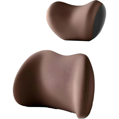 (Coffee, -) Ergonomic Car Headrest & Lumbar Support Cushion, for Back Pain Relief