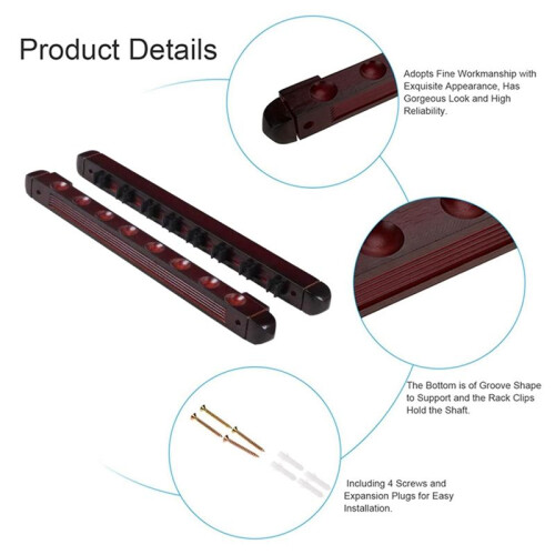 Billardqueuehalter Aus Holz, Snooker-Wandqueue, Billardqueuehalter mit Clips für 8 Queuehalter, Weinrot 1
