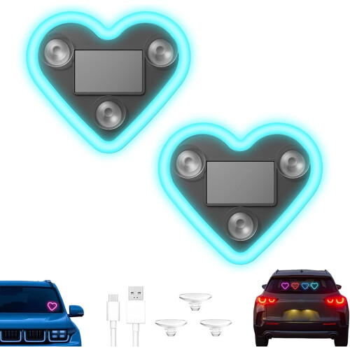 (Ice Blue-2PCS, -) Solcelle Hjerteformet C-Pylon Neon Lys til Bil, IP65