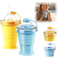 (Blue+Yellow, -) 2-in-1 zusammenklappbarer Silikon Eisball Maker Becher, faltbarer Tumbler mit Strohhalm & auslaufsicherem Deckel für Reisen